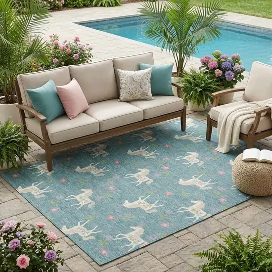Teal Blue And Beige Floral Washable Indoor Outdoor Area Rug Photo 1