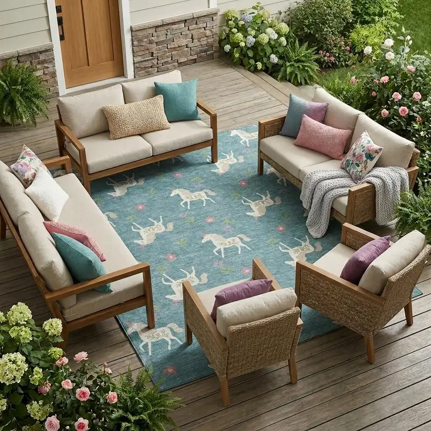 Teal Blue And Beige Floral Washable Indoor Outdoor Area Rug Photo 1