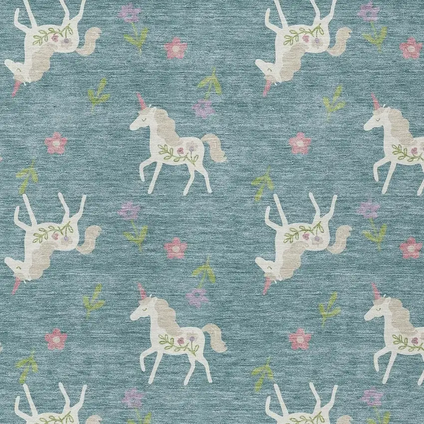 Teal Blue And Beige Floral Washable Indoor Outdoor Area Rug Photo 5