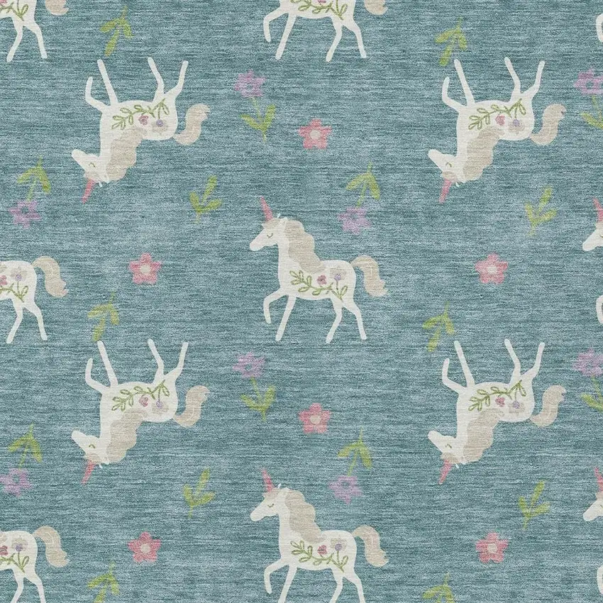 Teal Blue And Beige Floral Washable Indoor Outdoor Area Rug Photo 3