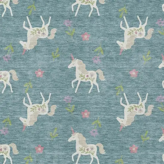 Teal Blue And Beige Floral Washable Indoor Outdoor Area Rug Photo 3