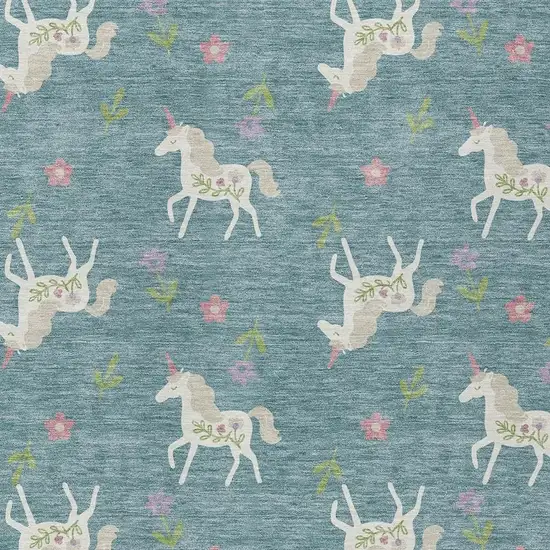 Teal Blue And Beige Floral Washable Indoor Outdoor Area Rug Photo 5