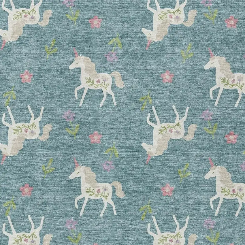 Teal Blue And Beige Floral Washable Indoor Outdoor Area Rug Photo 5