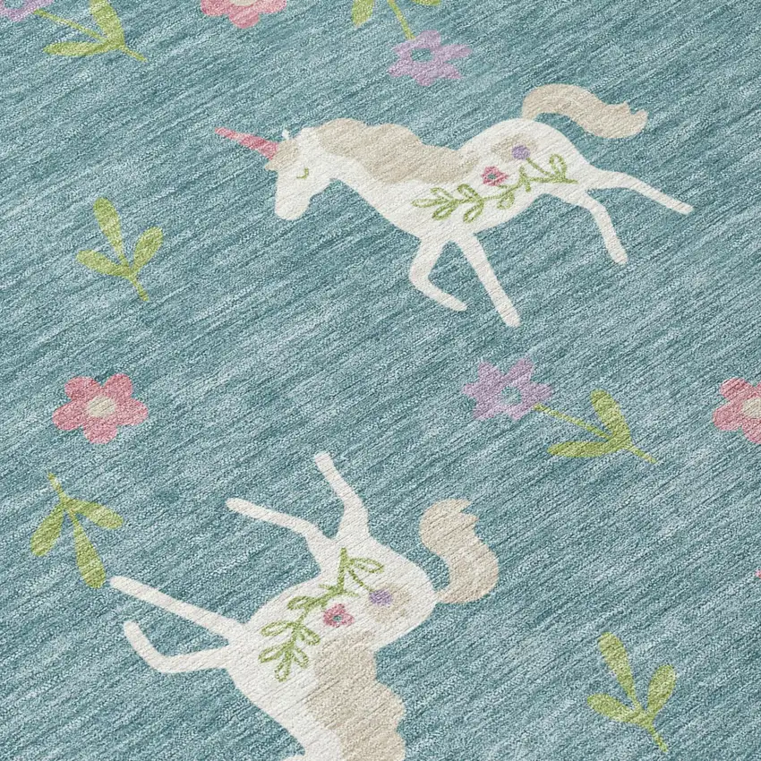 Teal Blue And Beige Floral Washable Indoor Outdoor Area Rug Photo 8