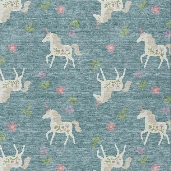 Teal Blue And Beige Floral Washable Indoor Outdoor Area Rug Photo 3