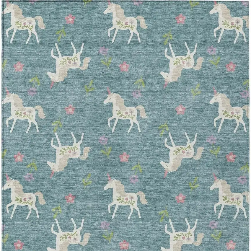 Teal Blue And Beige Floral Washable Indoor Outdoor Area Rug Photo 6