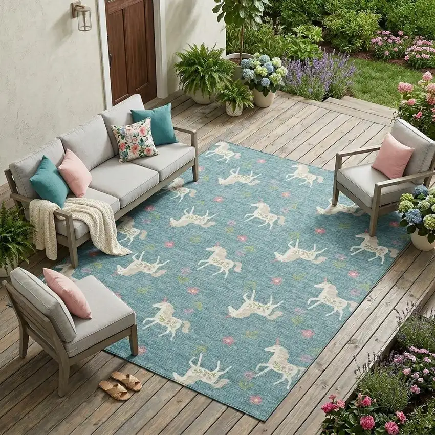 Teal Blue And Beige Floral Washable Indoor Outdoor Area Rug Photo 1