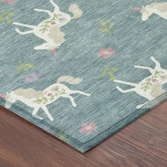 Teal Blue And Beige Floral Washable Indoor Outdoor Area Rug Photo 7
