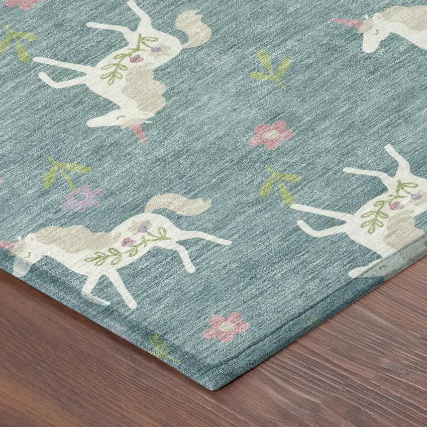 Teal Blue And Beige Floral Washable Indoor Outdoor Area Rug Photo 7