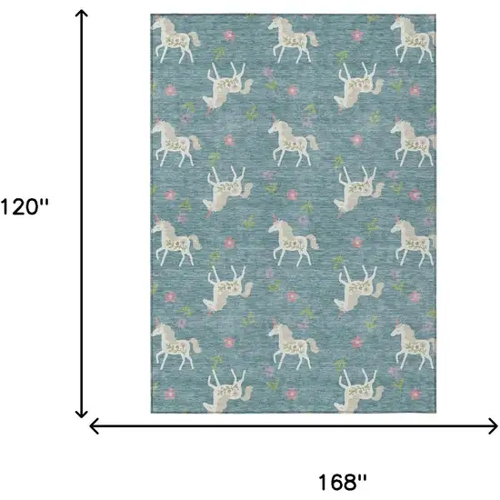 Teal Blue And Beige Floral Washable Indoor Outdoor Area Rug Photo 9