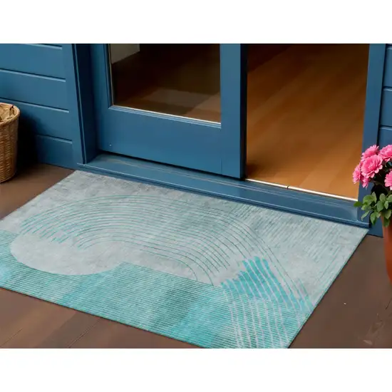 Teal Blue And Beige Geometric Washable Indoor Outdoor Area Rug Photo 2