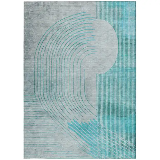 Teal Blue And Beige Geometric Washable Indoor Outdoor Area Rug Photo 4
