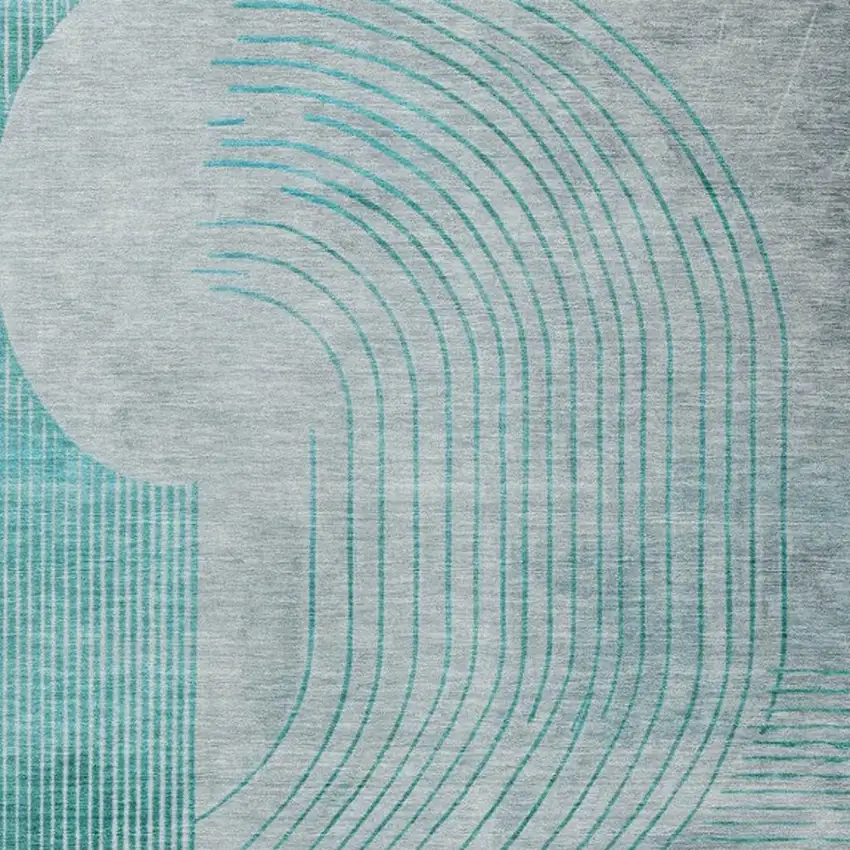 Teal Blue And Beige Geometric Washable Indoor Outdoor Area Rug Photo 3