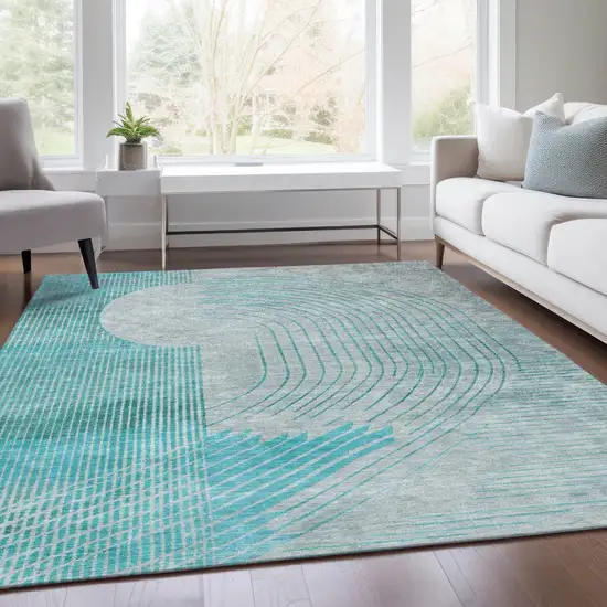 Teal Blue And Beige Geometric Washable Indoor Outdoor Area Rug Photo 7
