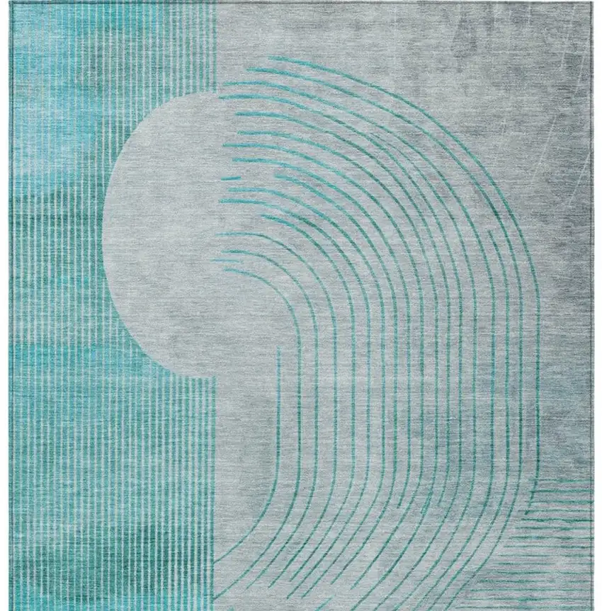Teal Blue And Beige Geometric Washable Indoor Outdoor Area Rug Photo 9