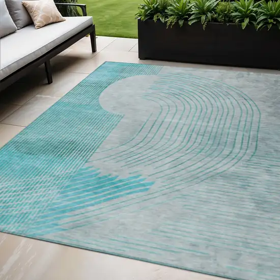 Teal Blue And Beige Geometric Washable Indoor Outdoor Area Rug Photo 2