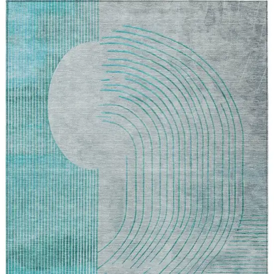 Teal Blue And Beige Geometric Washable Indoor Outdoor Area Rug Photo 4