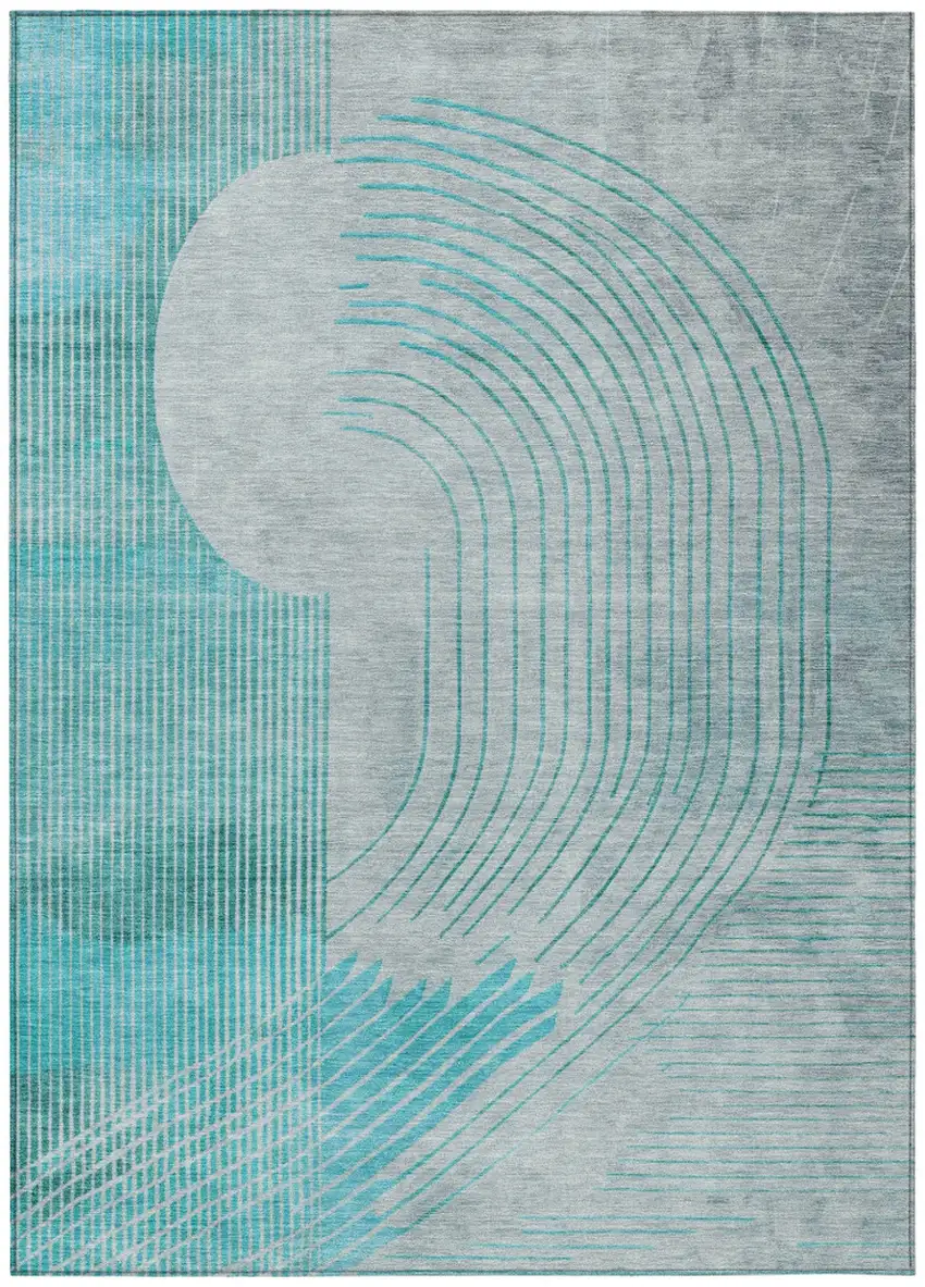 Teal Blue And Beige Geometric Washable Indoor Outdoor Area Rug Photo 1