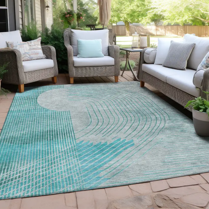 Teal Blue And Beige Geometric Washable Indoor Outdoor Area Rug Photo 5