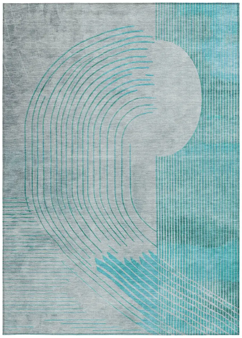 Teal Blue And Beige Geometric Washable Indoor Outdoor Area Rug Photo 3