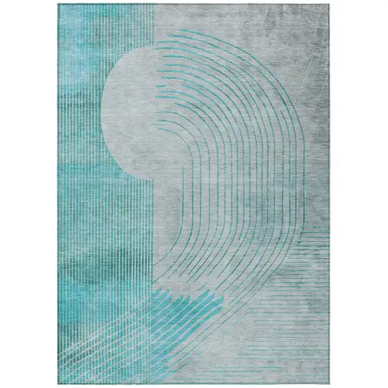 Teal Blue And Beige Geometric Washable Indoor Outdoor Area Rug Photo 1