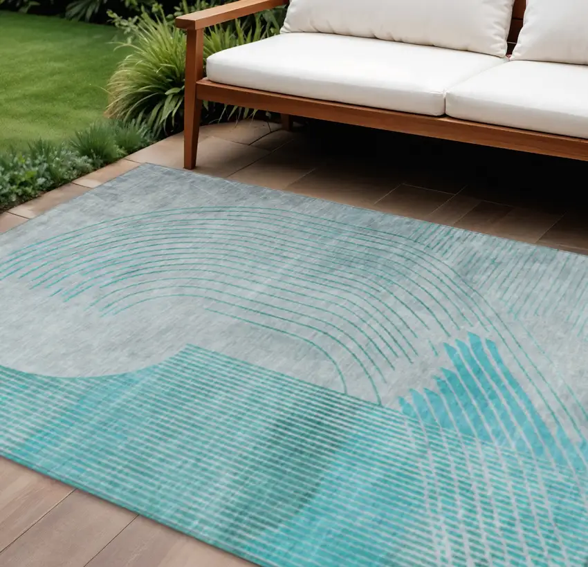 Teal Blue And Beige Geometric Washable Indoor Outdoor Area Rug Photo 2