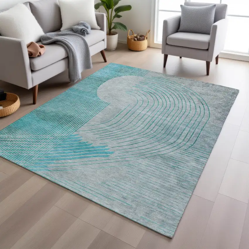 Teal Blue And Beige Geometric Washable Indoor Outdoor Area Rug Photo 6