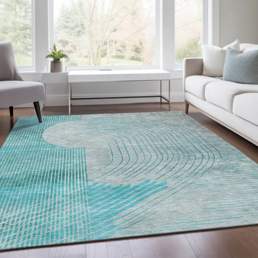 Teal Blue And Beige Geometric Washable Indoor Outdoor Area Rug Photo 7