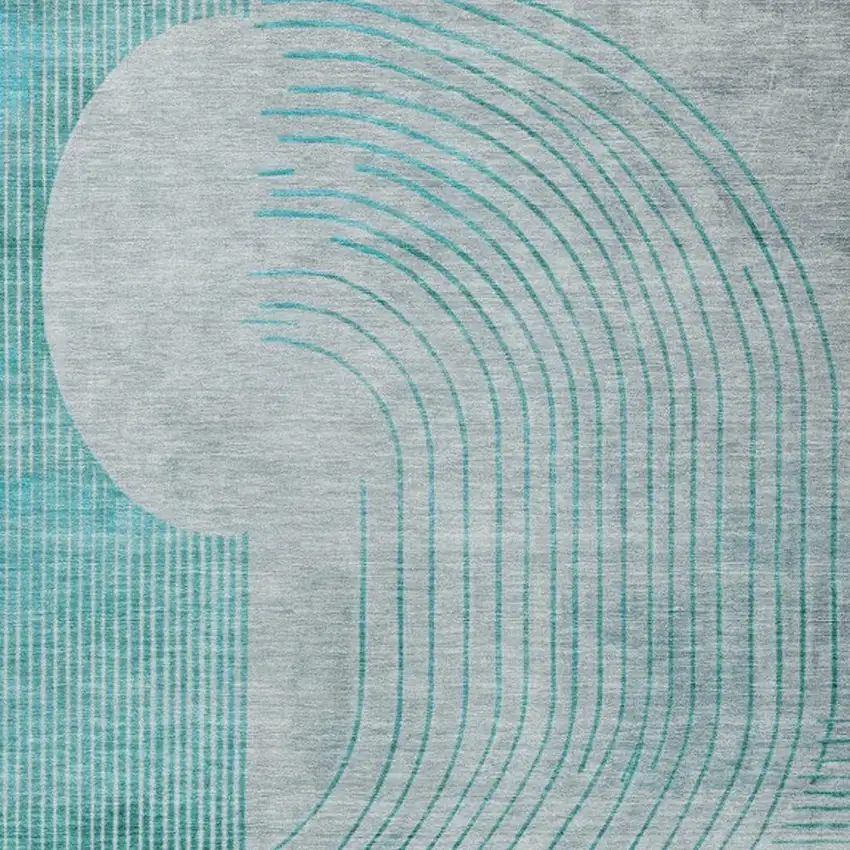 Teal Blue And Beige Geometric Washable Indoor Outdoor Area Rug Photo 3