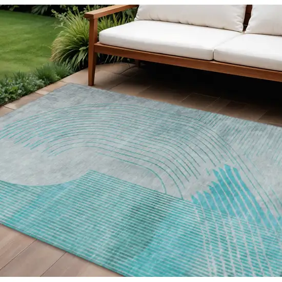 Teal Blue And Beige Geometric Washable Indoor Outdoor Area Rug Photo 2