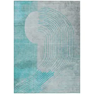 Photo of Teal Blue And Beige Geometric Washable Indoor Outdoor Area Rug