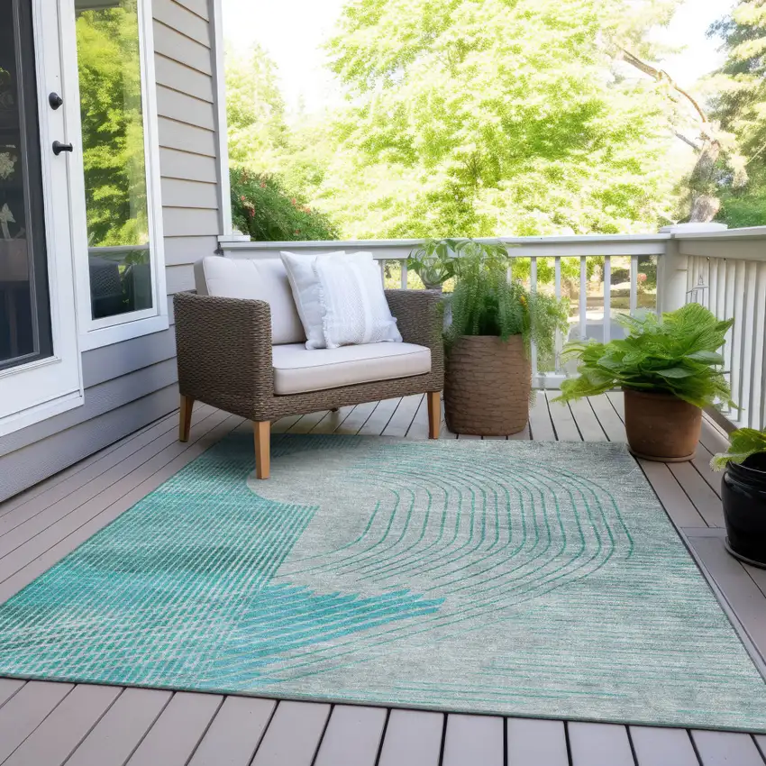 Teal Blue And Beige Geometric Washable Indoor Outdoor Area Rug Photo 8