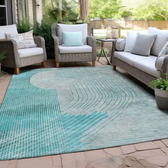 Teal Blue And Beige Geometric Washable Indoor Outdoor Area Rug Photo 5