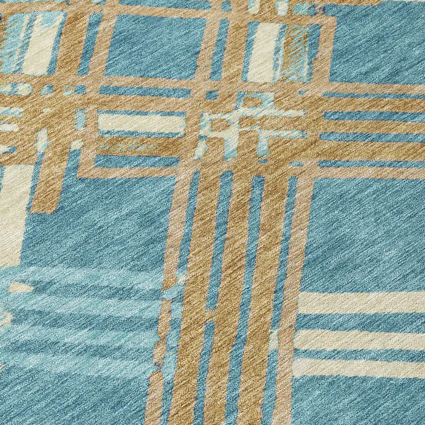 Teal Blue And Beige Geometric Washable Indoor Outdoor Area Rug Photo 9