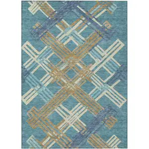 Photo of Teal Blue And Beige Geometric Washable Indoor Outdoor Area Rug