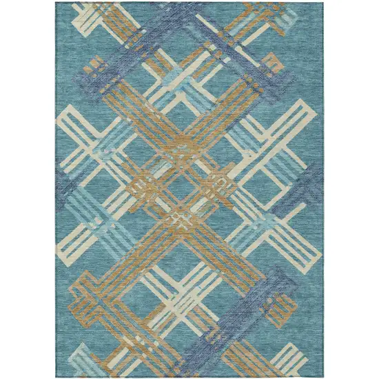 Teal Blue And Beige Geometric Washable Indoor Outdoor Area Rug Photo 1