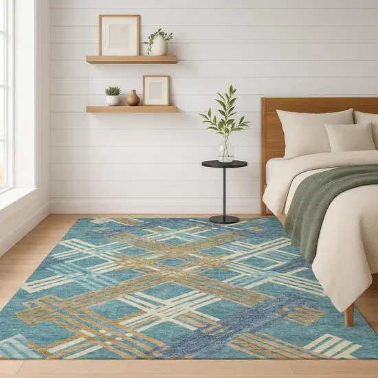 Teal Blue And Beige Geometric Washable Indoor Outdoor Area Rug Photo 6