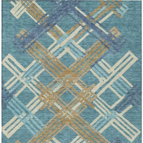 Teal Blue And Beige Geometric Washable Indoor Outdoor Area Rug Photo 3