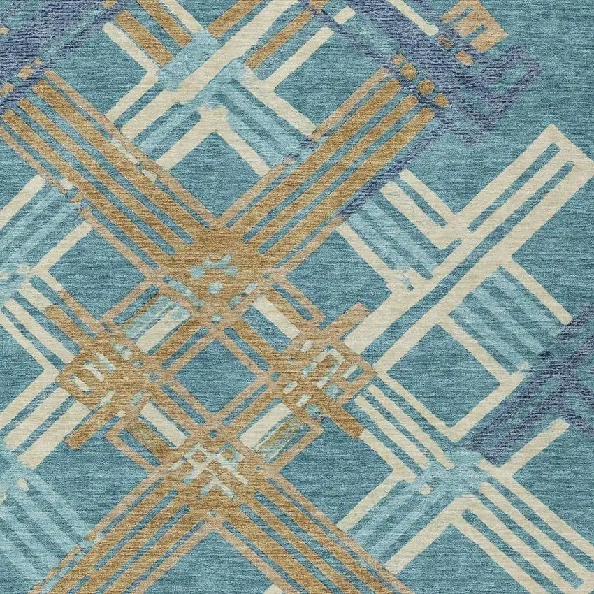 Teal Blue And Beige Geometric Washable Indoor Outdoor Area Rug Photo 2