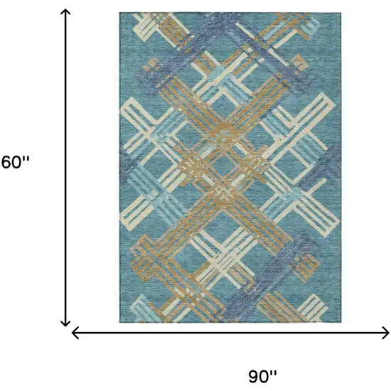 Teal Blue And Beige Geometric Washable Indoor Outdoor Area Rug Photo 6