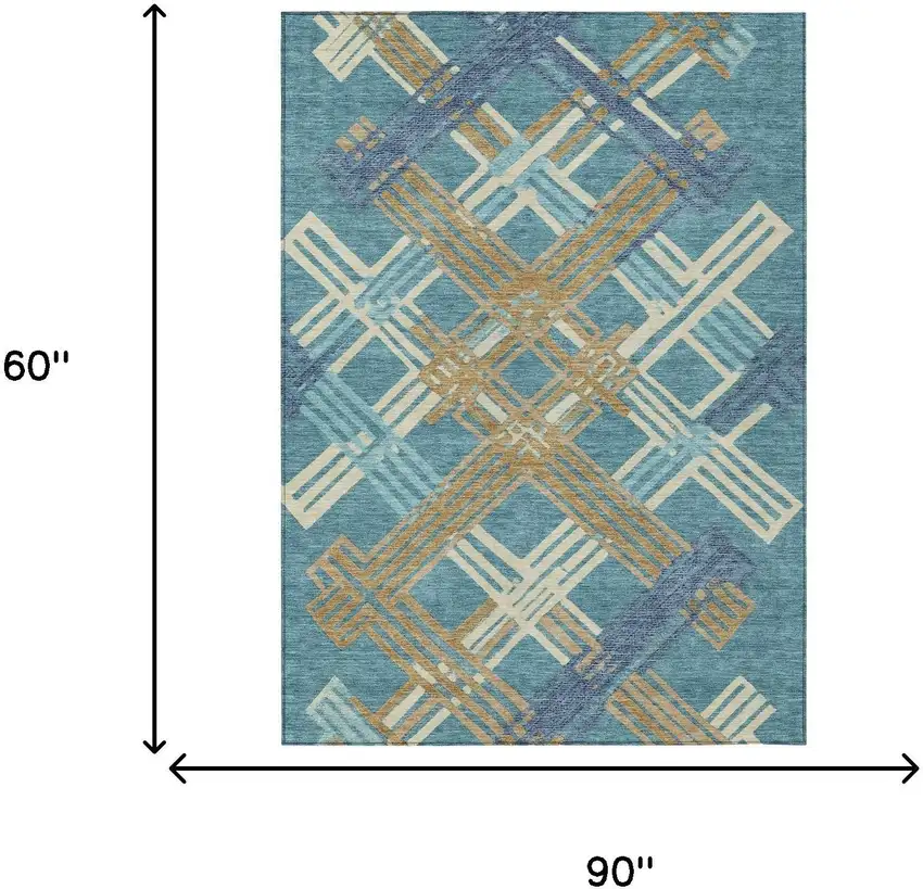 Teal Blue And Beige Geometric Washable Indoor Outdoor Area Rug Photo 6