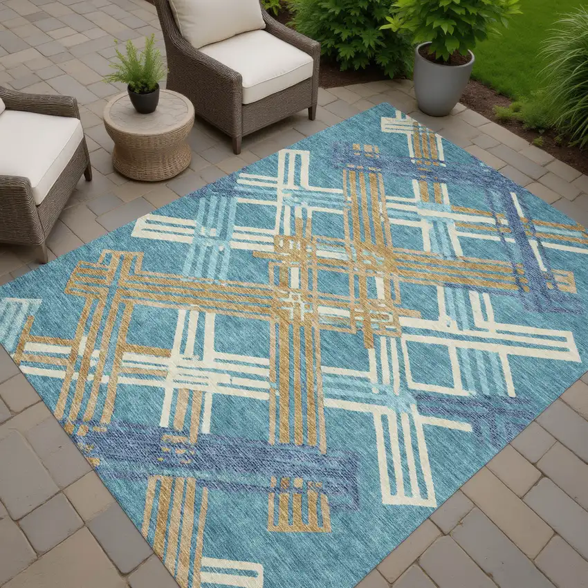 Teal Blue And Beige Geometric Washable Indoor Outdoor Area Rug Photo 7