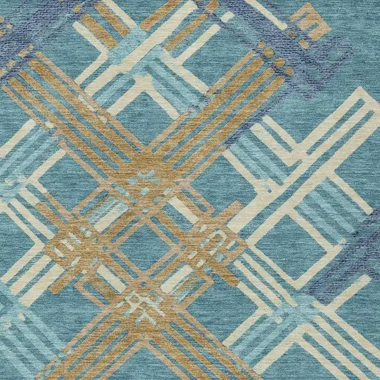 Teal Blue And Beige Geometric Washable Indoor Outdoor Area Rug Photo 2