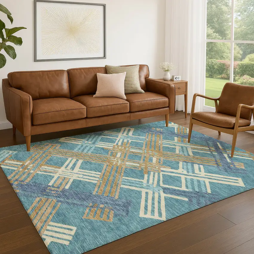 Teal Blue And Beige Geometric Washable Indoor Outdoor Area Rug Photo 5