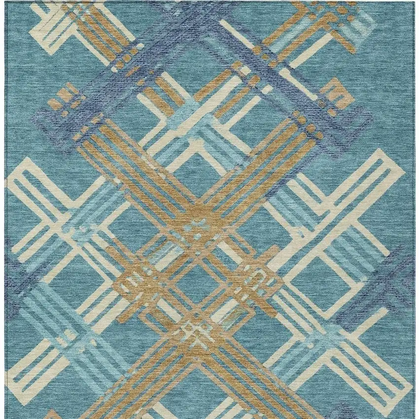 Teal Blue And Beige Geometric Washable Indoor Outdoor Area Rug Photo 3