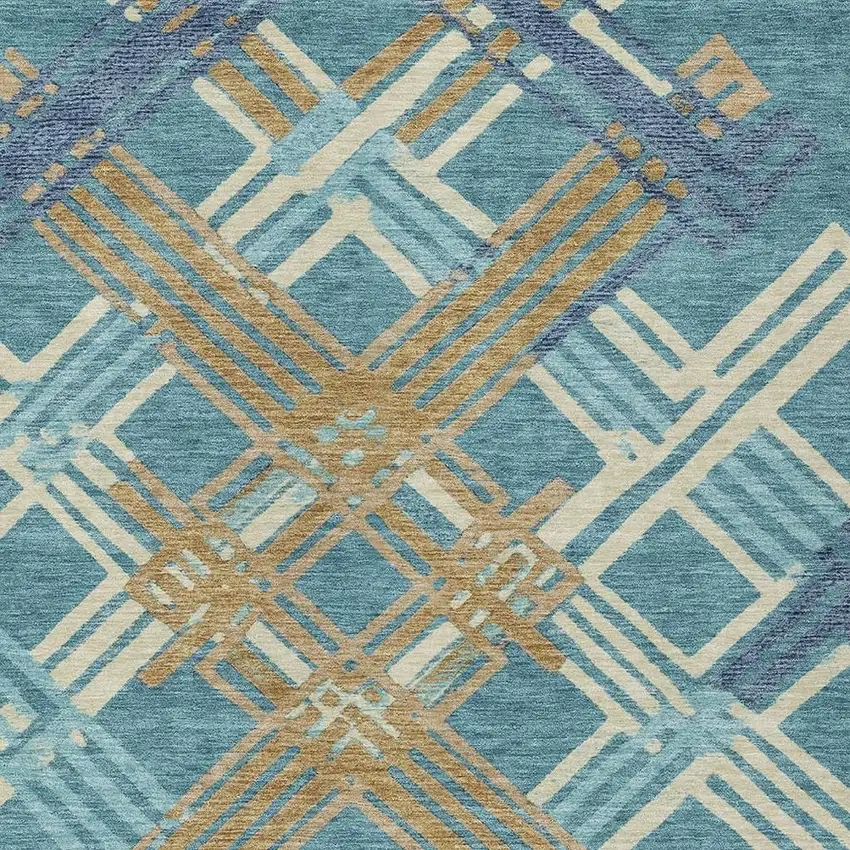 Teal Blue And Beige Geometric Washable Indoor Outdoor Area Rug Photo 2