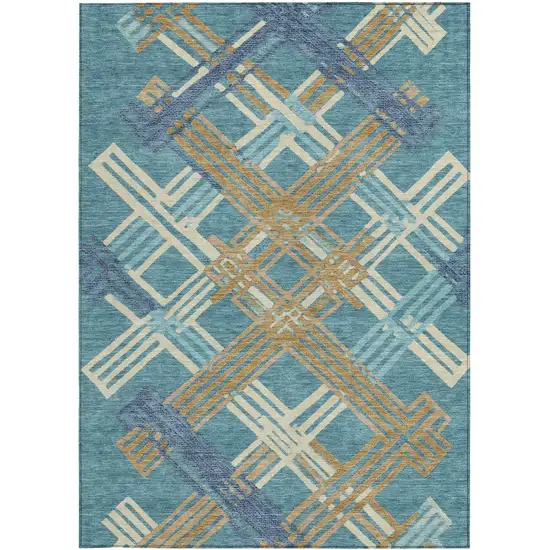 Teal Blue And Beige Geometric Washable Indoor Outdoor Area Rug Photo 2