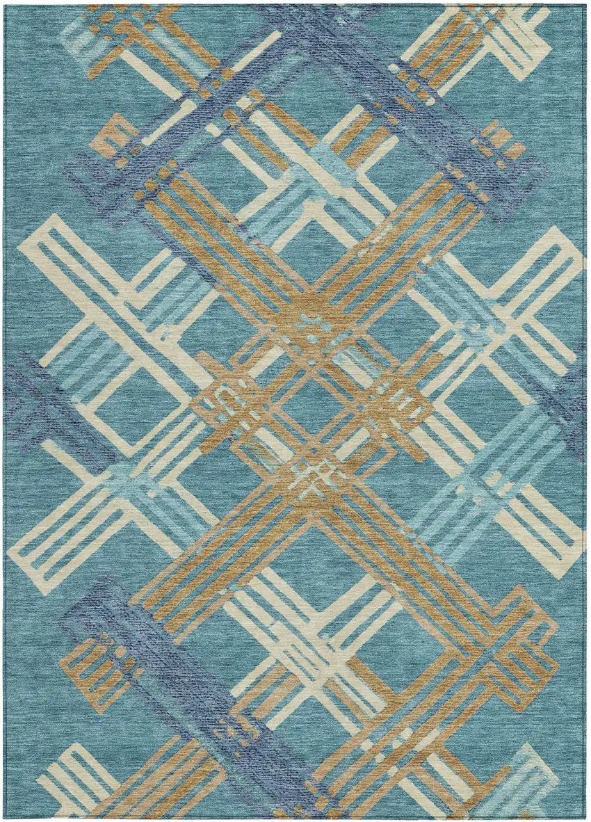 Teal Blue And Beige Geometric Washable Indoor Outdoor Area Rug Photo 2