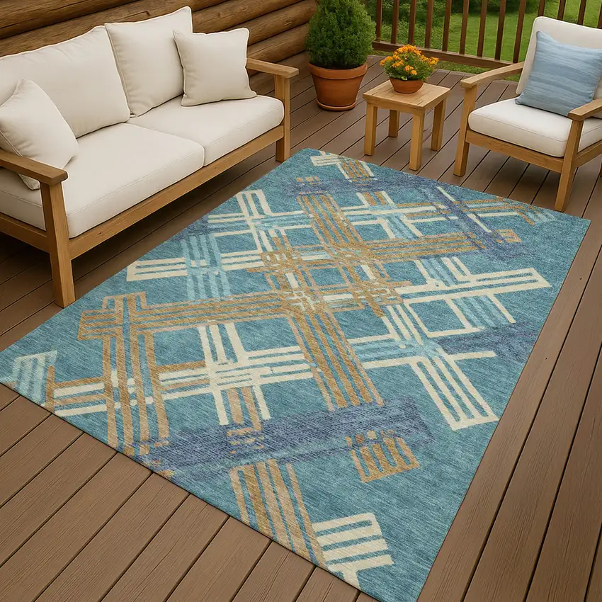 Teal Blue And Beige Geometric Washable Indoor Outdoor Area Rug Photo 3