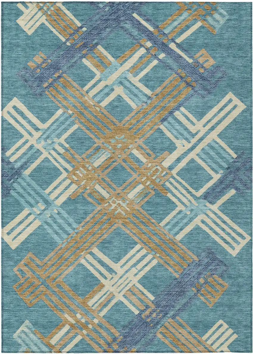 Teal Blue And Beige Geometric Washable Indoor Outdoor Area Rug Photo 1
